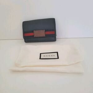 Gucci Logo Key Holder Wallet Case Leather Small Unisex Black Trifold Striped